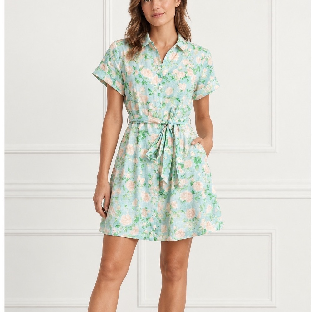 Hill House Laura Linen Shirt Mini Dress XS Floral Tie Waist Short Sleeve Chic